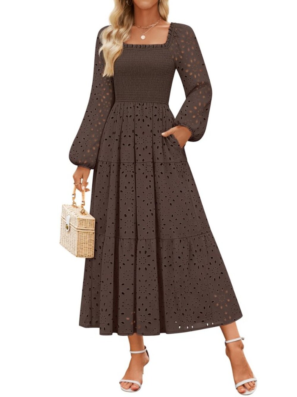 Women's Eyelet Long Sleeve Maxi Wedding Guest Dresses